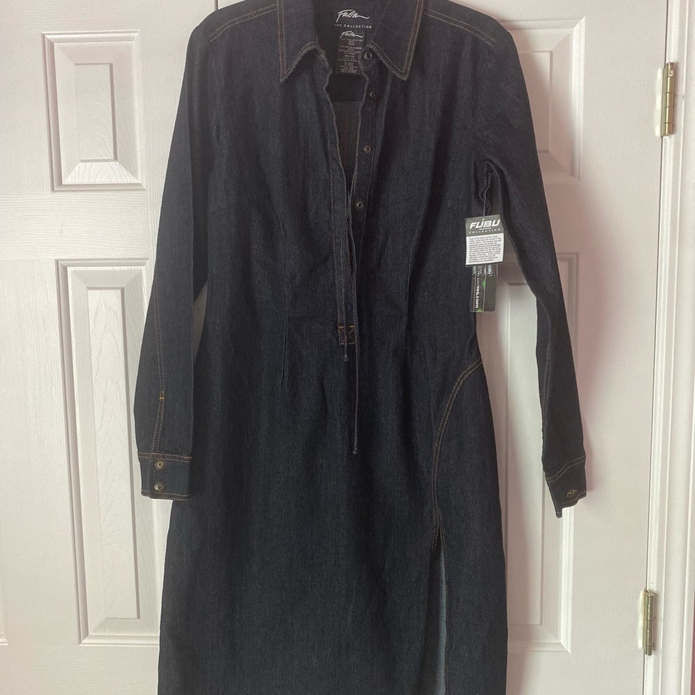 FUBU Signature Collection Black Denim Long Sleeve Notched Collar Shirt Dress